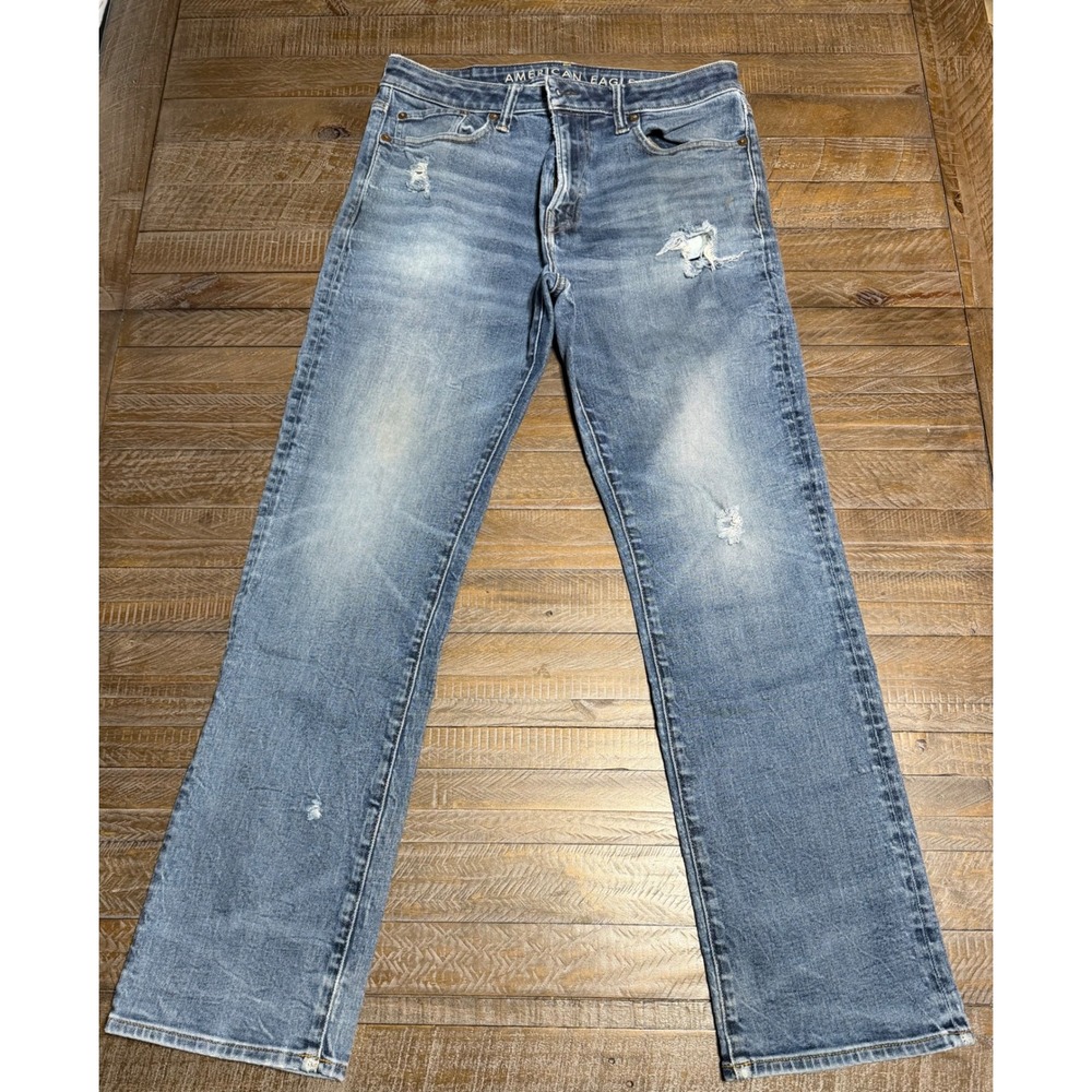 American Eagle Jeans Mens 33x32 Blue Distressed AirFlex+ Straight Leg Preloved